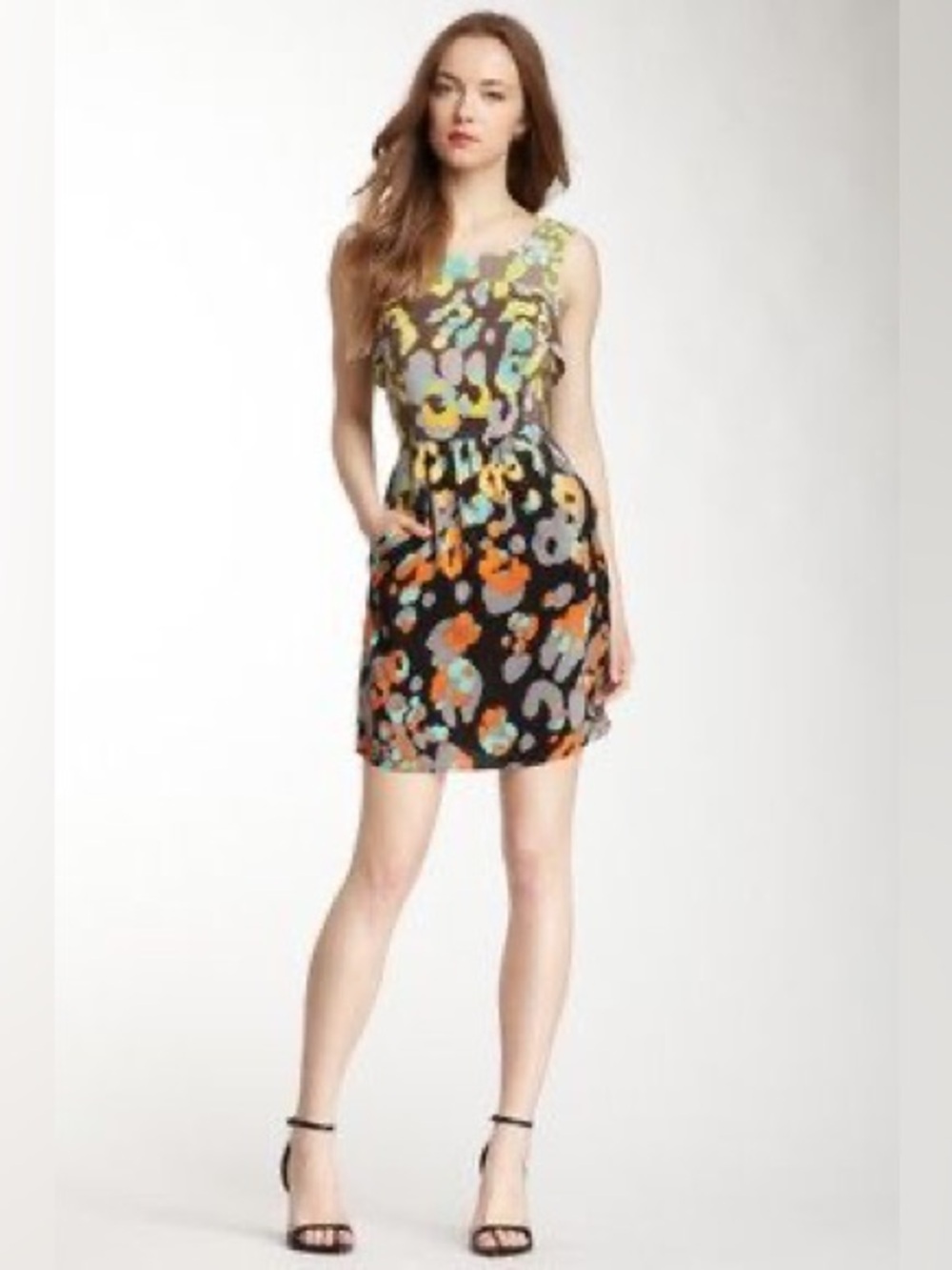 Oonagh XS 100% Silk Abstract animal Print Sleeveless Sheath Dress - Black/Multi